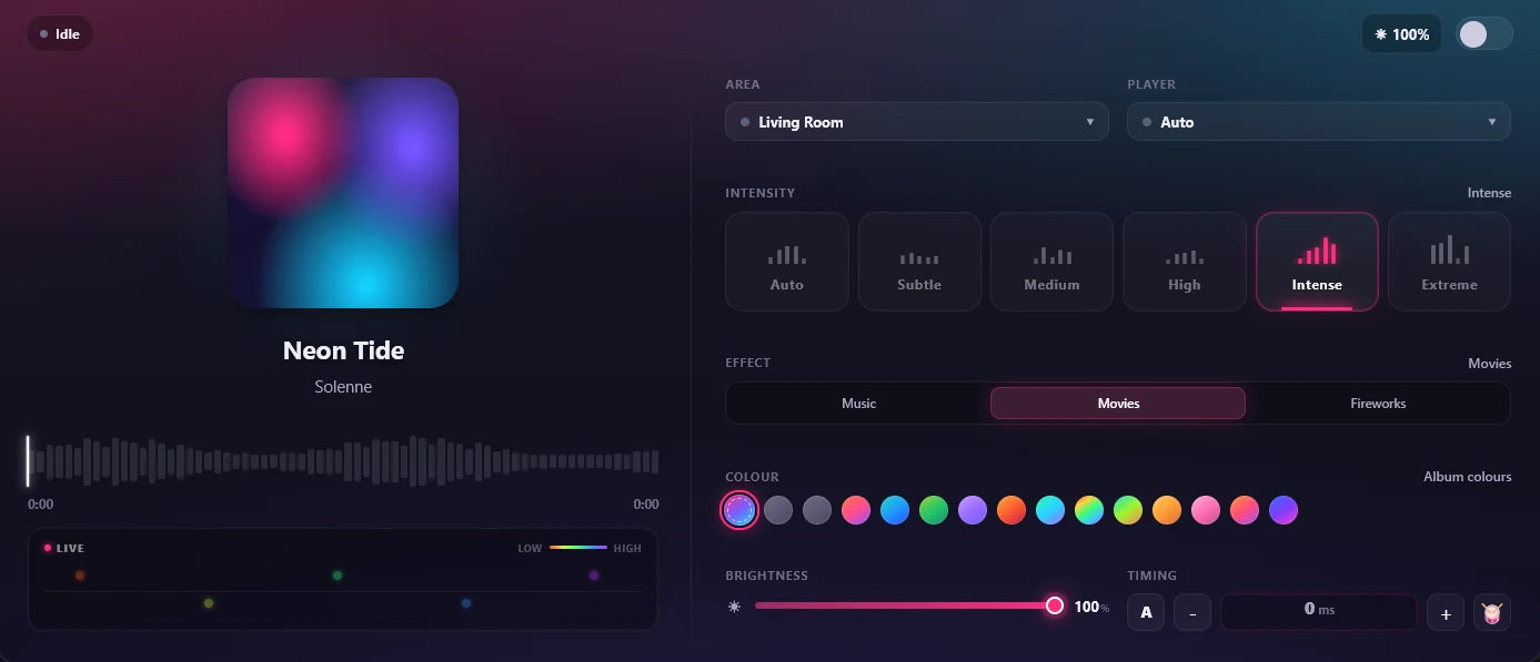 The Hue Synco tablet card: album cover, waveform scrubber, live frequency map, area and player pickers, intensity ladder, effect, colour and timing controls