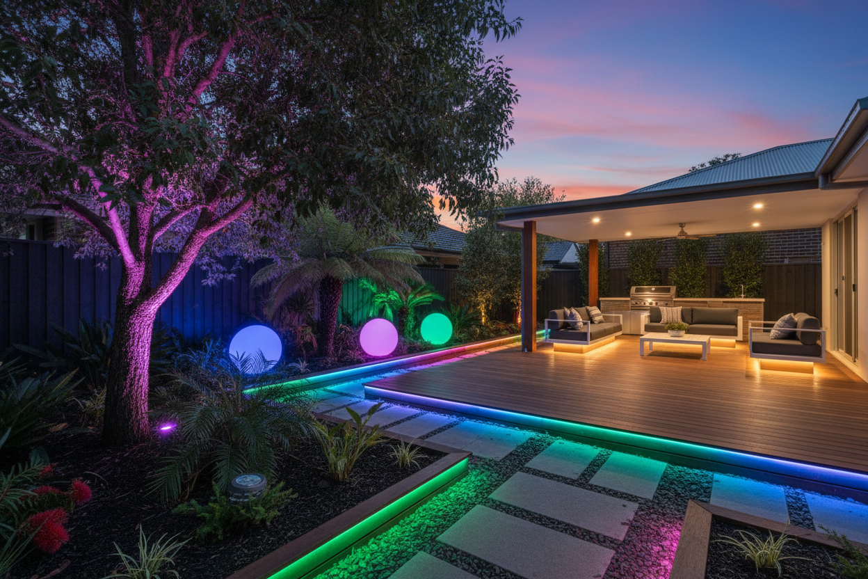 Backyard of an Australian house with Philips hue style lighting.