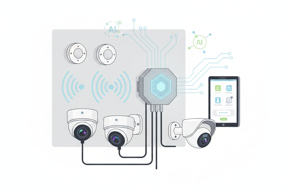 full security package, motion sensors, premium poe cameras and AI security, simple picture