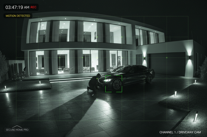 Home security cameras detecting a thief near their luxury car in the driveway.