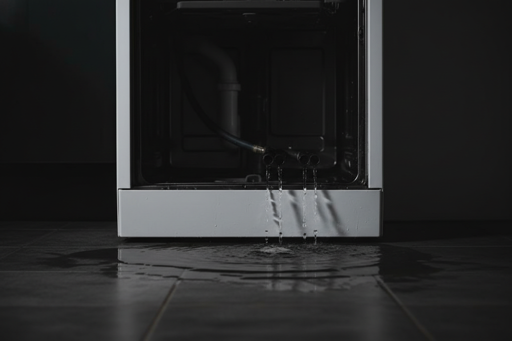 water leak behind dishwasher, simple, dark background