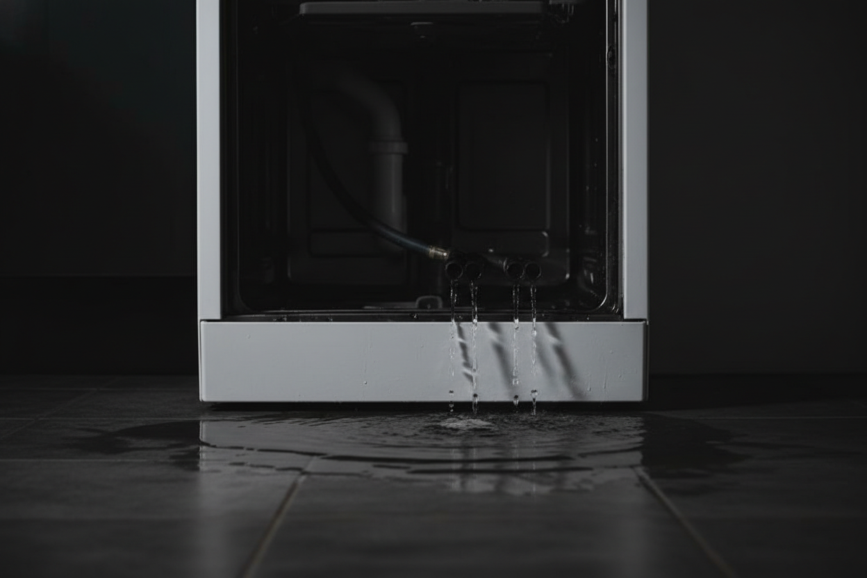 water leak behind dishwasher, simple, dark background