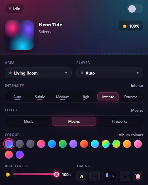 The Hue Synco mobile card: now playing, area and player pickers, intensity, effect, colour, brightness and timing